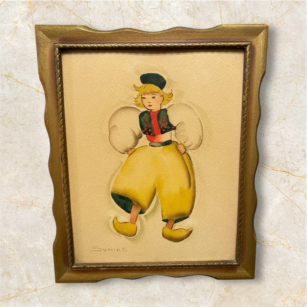 Vintage painting Dutch boy and girl original watercolor painting - Picture 4 of 8